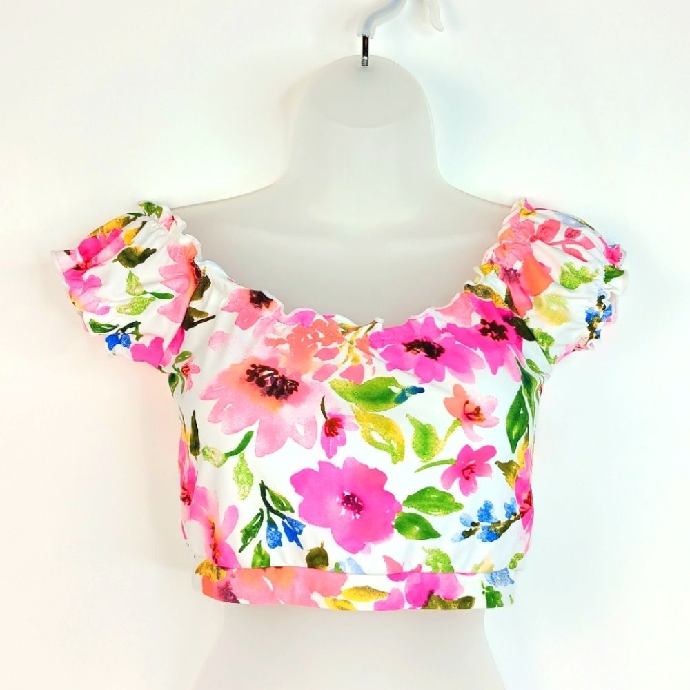 CORAL REEF Mo'Orea Women's Pink Floral Puff Sleeve Swim Crop Top Padded M 8/10